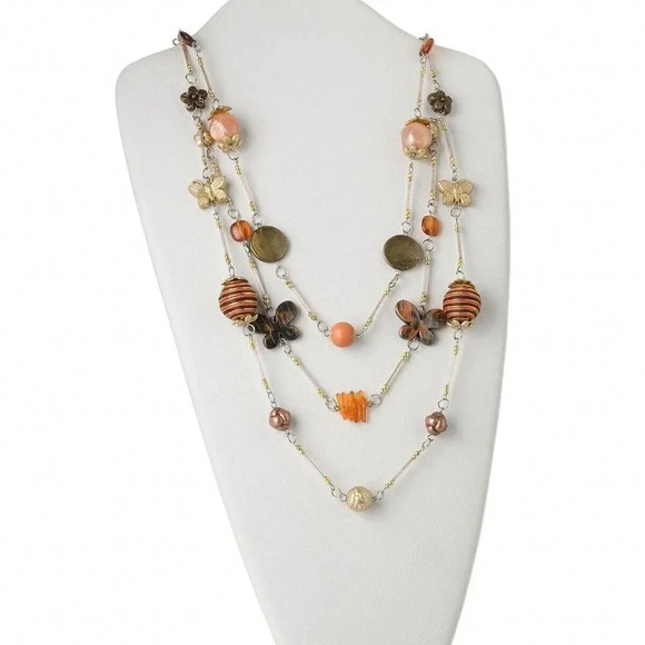 Multi Strand Resin Glass Mixed Baubles Browns Gold Silver Long Bib Necklace - Picture 3 of 3